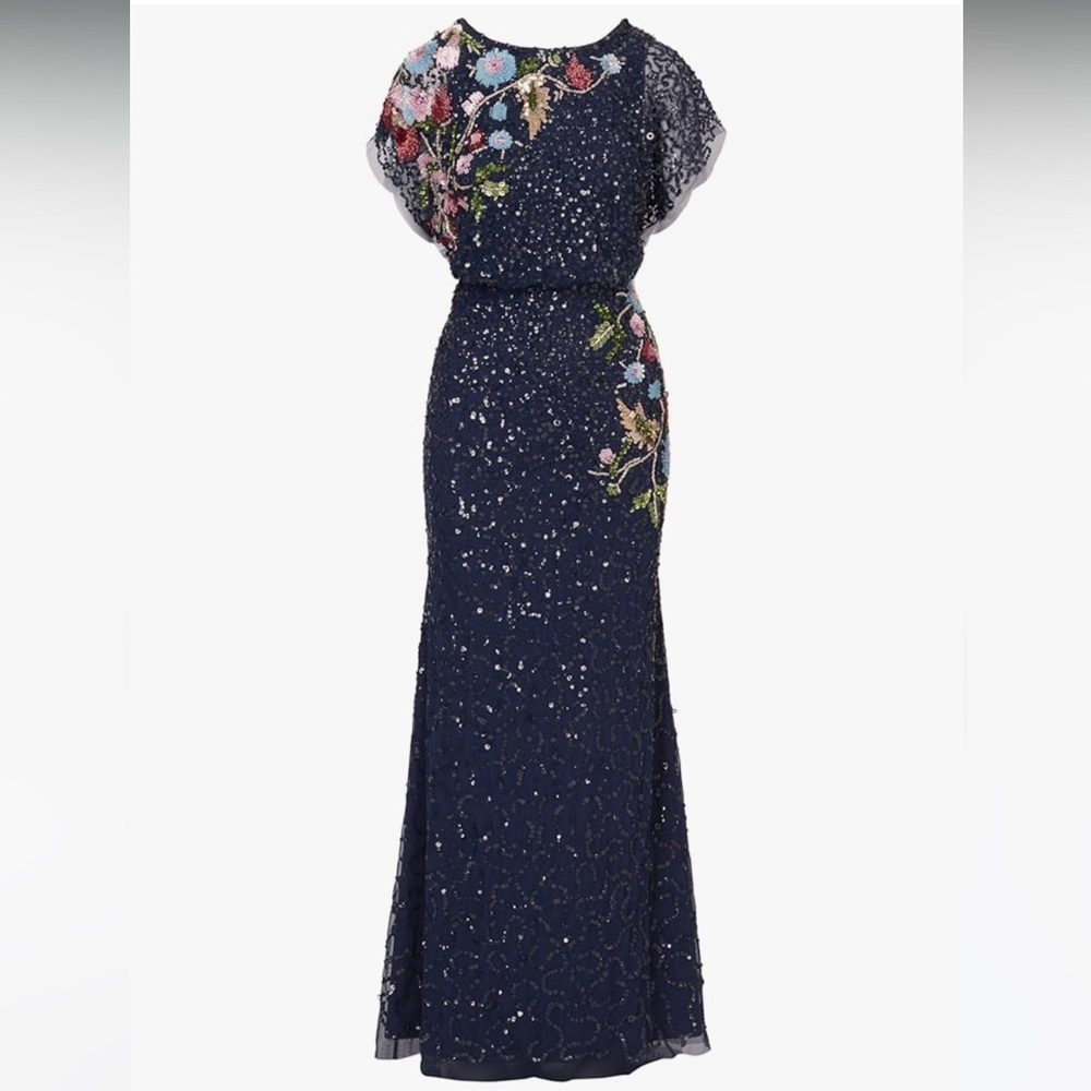 Adrianna Papell 16W Floral Beaded Formal Maxi Gown Sequin Mermaid Dolman Sleeve